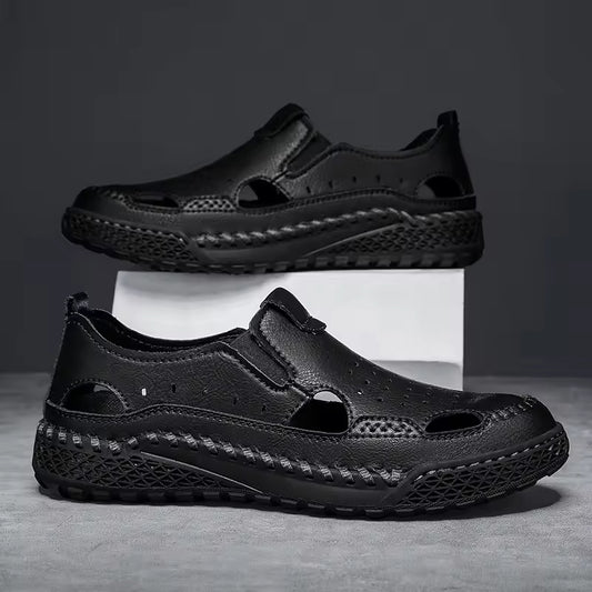 Outdoor Summer Men Sandals Hollow Out Leather Mens Casual Shoes Leisure Walk Beach Shoes Ultra-light Roman Shoes Walking Flats