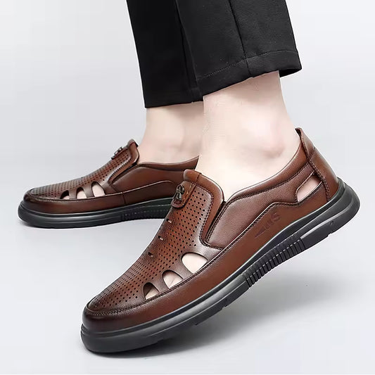 High Quality Genuine Leather Men Formal Business Shoes Summer Black/brown Leather Sandals Fashion Breathable Hollow Men Shoes